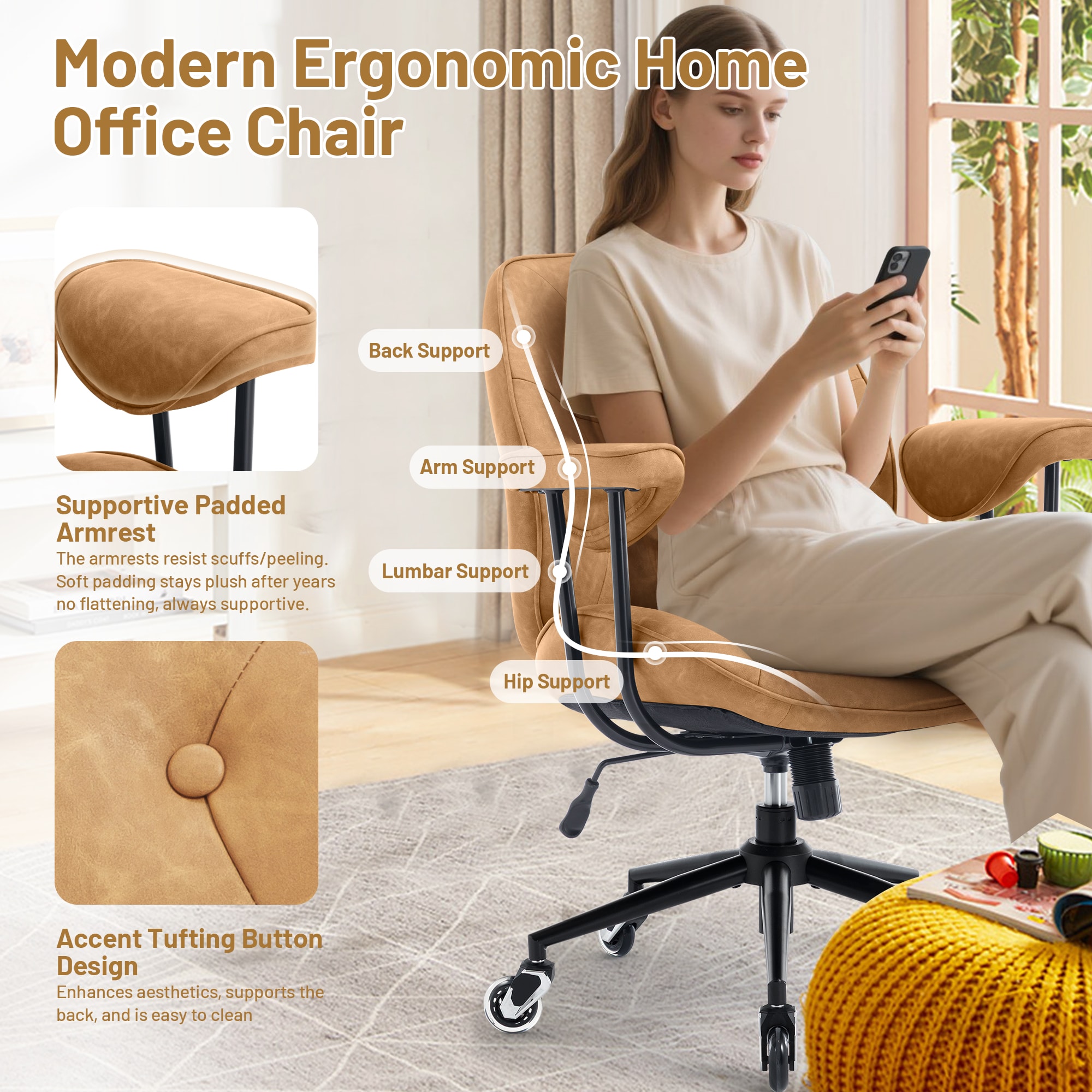 Home Office Desk Chair Retro Leather Chair With Lumbar Support &Rubber Wheels, Mid Back Ergonomic Computer Chair Swivel Rolling Work Chair_maomaolike.com
